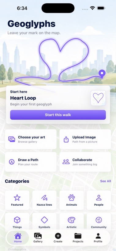 Geoglyphs home screen showing a heart-shaped route and route categories