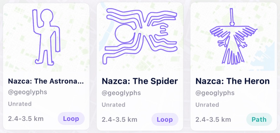 Gallery route cards showing Nazca-inspired route art