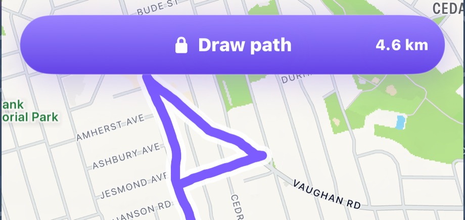A custom purple walking path being drawn on a city map