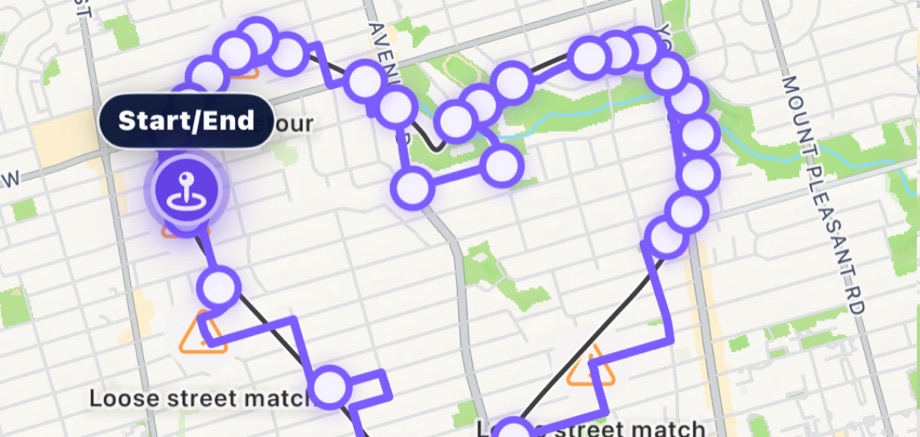 A purple heart route fitted onto nearby streets